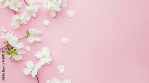 White minimalist romantic flower background. A serene and elegant display of delicate blooms against a pure white backdrop. Symbolizing simplicity and beauty.