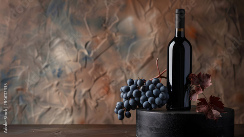 wine bottle with black grapes on the copper background, mockup