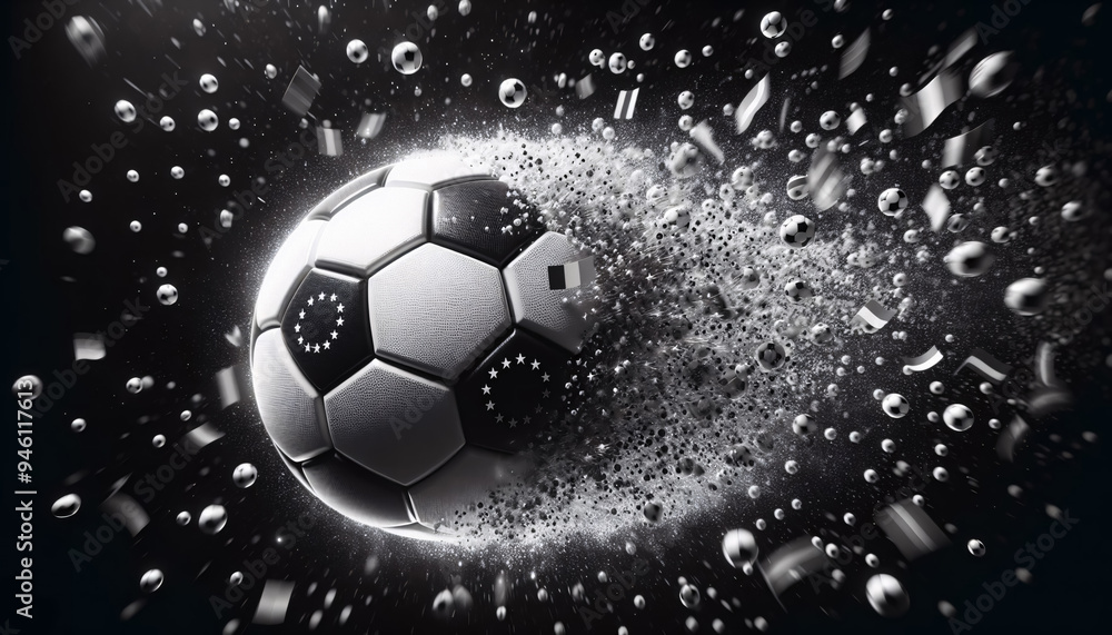 Fototapeta premium Schwarz-weißer Fußball in Bewegung, copy space, Hintergrund