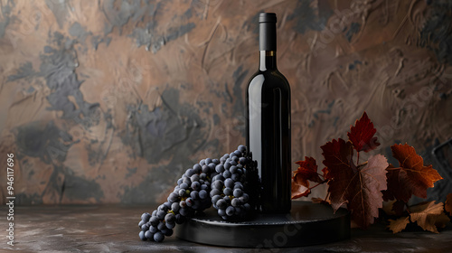 wine bottle with black grapes on the copper background, mockup