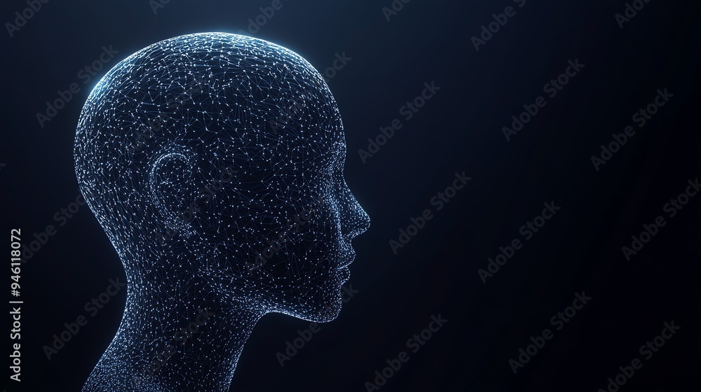 Artificial intelligence in blue humanoid head, science data concept, the future of Ai, black background, copy space for text Artificial intelligence in blue humanoid head, science data concept, the future of Ai, black background, copy space for text
