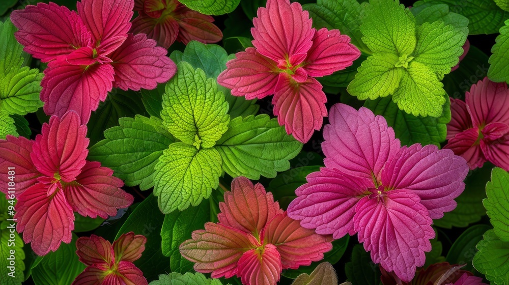 Vibrant Green and Pink Leaves in a Botanical Garden Vibrant Green and Pink Leaves in a Botanical Garden