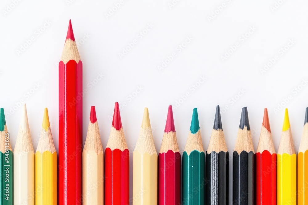 A red pencil stands out from a row of colored pencils. A red pencil stands out from a row of colored pencils.