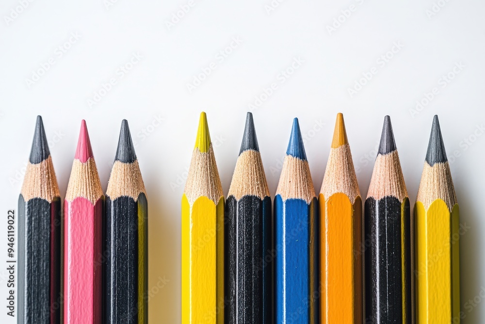 A selection of colored pencils, each with a different color tip. A selection of colored pencils, each with a different color tip.