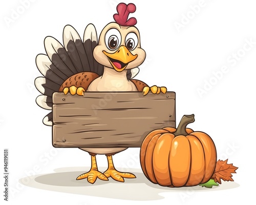 A cute cartoon turkey holding a wooden sign with a pumpkin beside it.
