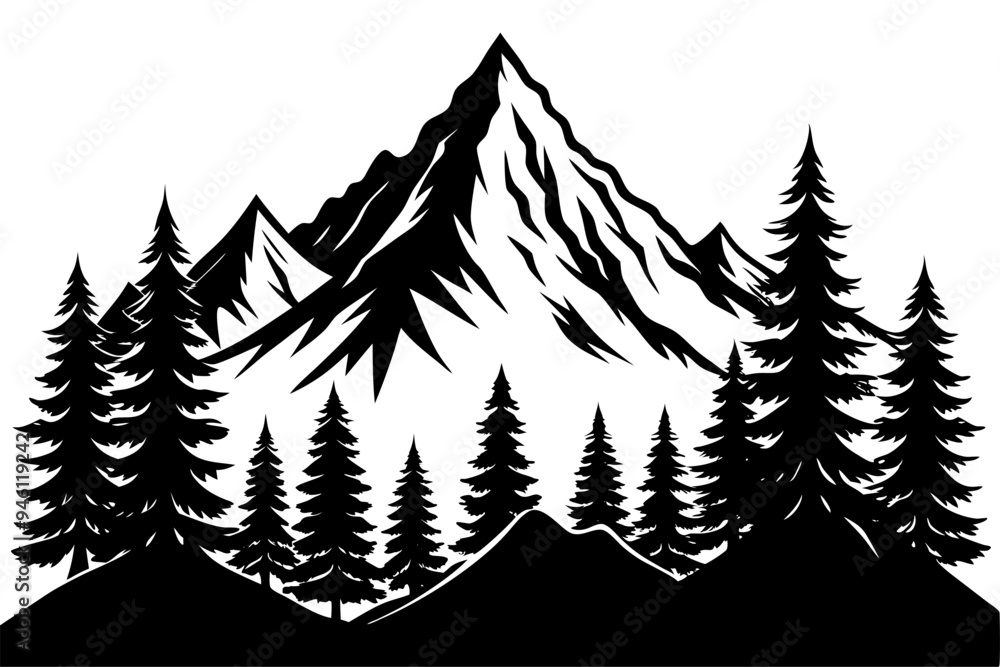 Fototapeta premium Mountain and pine trees vector art illustration