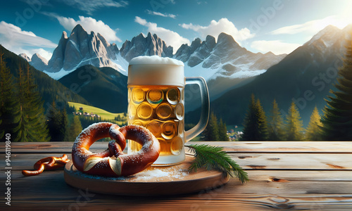 Bayrische Brotzeit, Bier und Brezel auf einem Holzbrett, copy space mit Aussicht auf die Berge photo