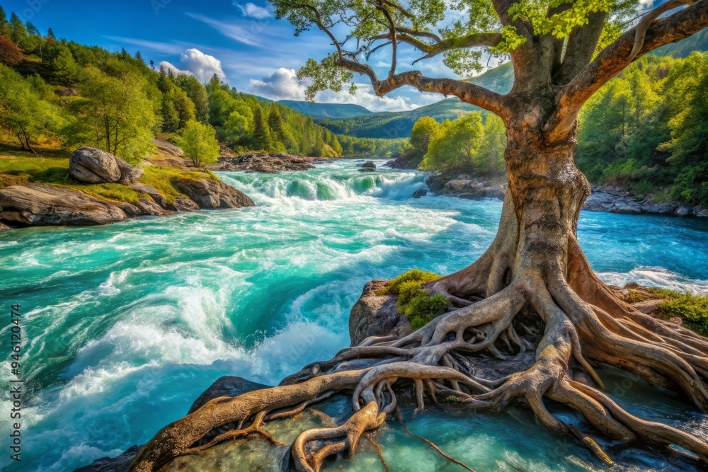 Kjelfossen's turquoise waters swirl around ancient, gnarled tree roots that twist and writhe like mythical sea serpents. Kjelfossen's turquoise waters swirl around ancient, gnarled tree roots that twist and writhe like mythical sea serpents.