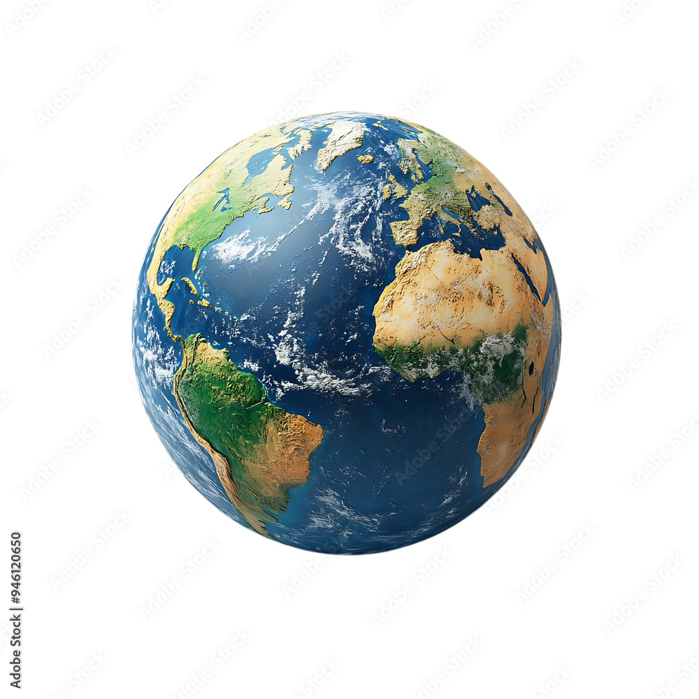 Earth Globe with Transparent Background, a Detailed 3D Rendering of Our Planet, Showing Continents and Oceans, Perfect for Educational or Artistic Purposes.