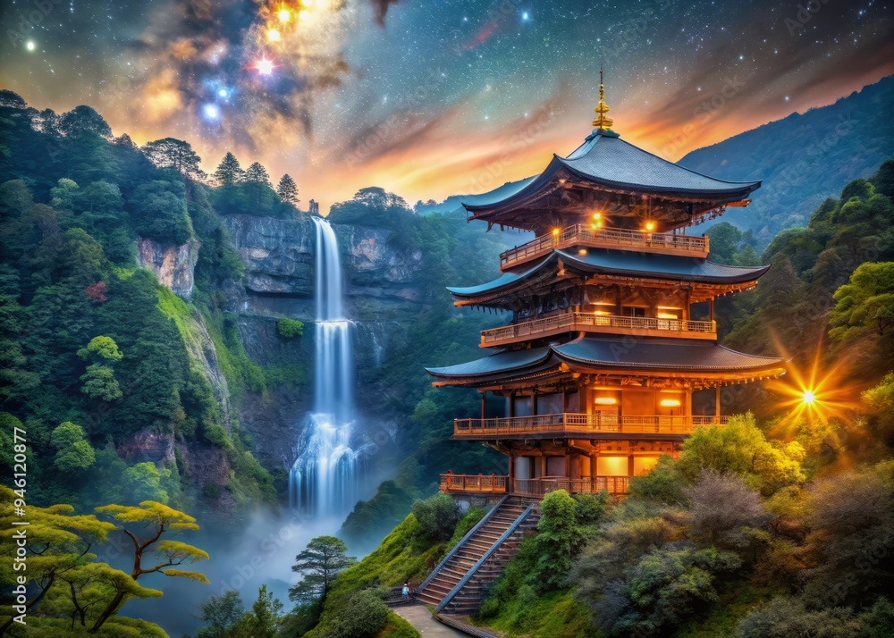 Nachi Falls becomes a shimmering portal, as a procession of fantastical creatures – dragons, phoenixes, and more – emerge from the mist, their eyes shining like stars. Nachi Falls becomes a shimmering portal, as a procession of fantastical creatures – dragons, phoenixes, and more – emerge from the mist, their eyes shining like stars.