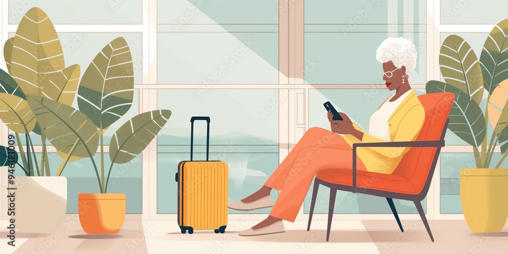 Fototapeta premium Serene indoor setting features woman reading in orange armchair. Suitcase nearby suggests travel or preparation for trip. Potted plants and window offering view of trees add natural touches to space.