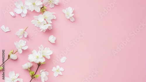 White minimalist romantic flower background. A serene and elegant display of delicate blooms against a pure white backdrop. Symbolizing simplicity and beauty.