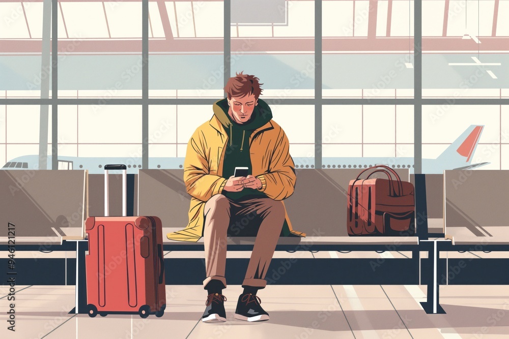 Caucasian man in yellow jacket sits on bench, engrossed in smartphone. Red suitcase stands next to him, airport terminal features large windows, natural light floods the space. Caucasian man in yellow jacket sits on bench, engrossed in smartphone. Red suitcase stands next to him, airport terminal features large windows, natural light floods the space.