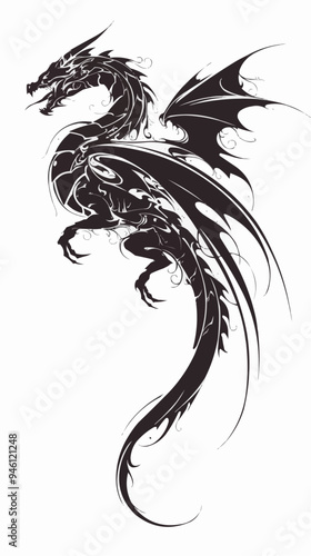 Black Symmetric Dragon Tattoo - Vector Design on White Background