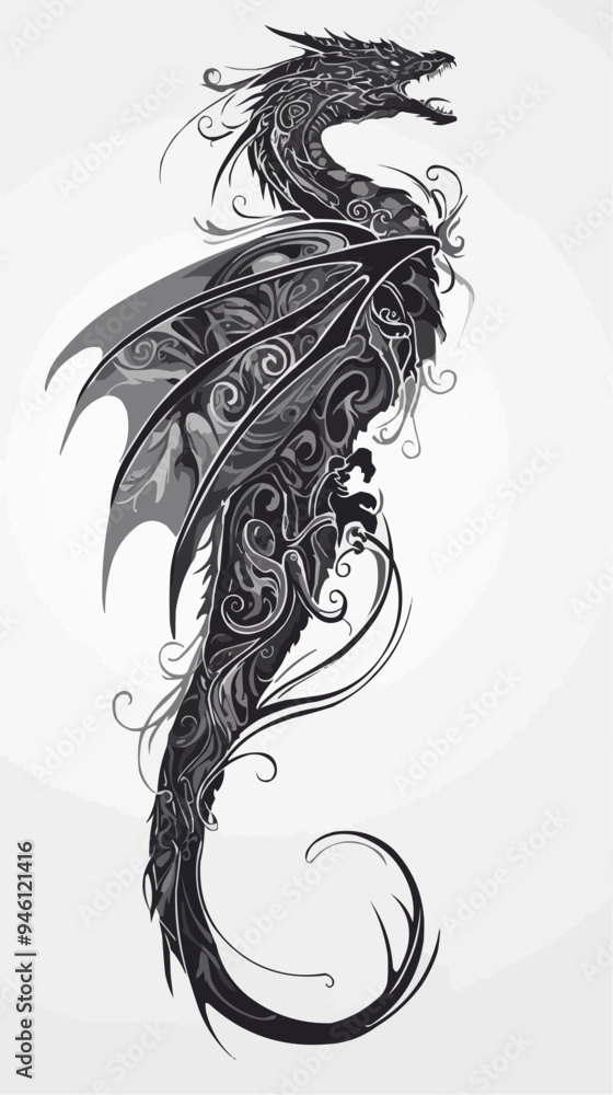 Black Symmetric Dragon Tattoo - Vector Design on White Background Black Symmetric Dragon Tattoo - Vector Design on White Background