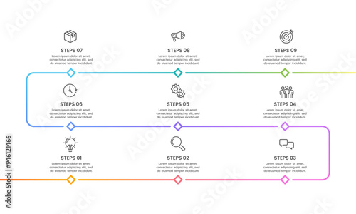 Business infographic timeline design template with 9 steps to success. Business presentation, Report, Milestone, Planning, and Roadmap. Vector illustration.