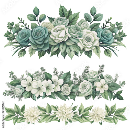 Watercolor Floral Garlands with White and Green Flowers