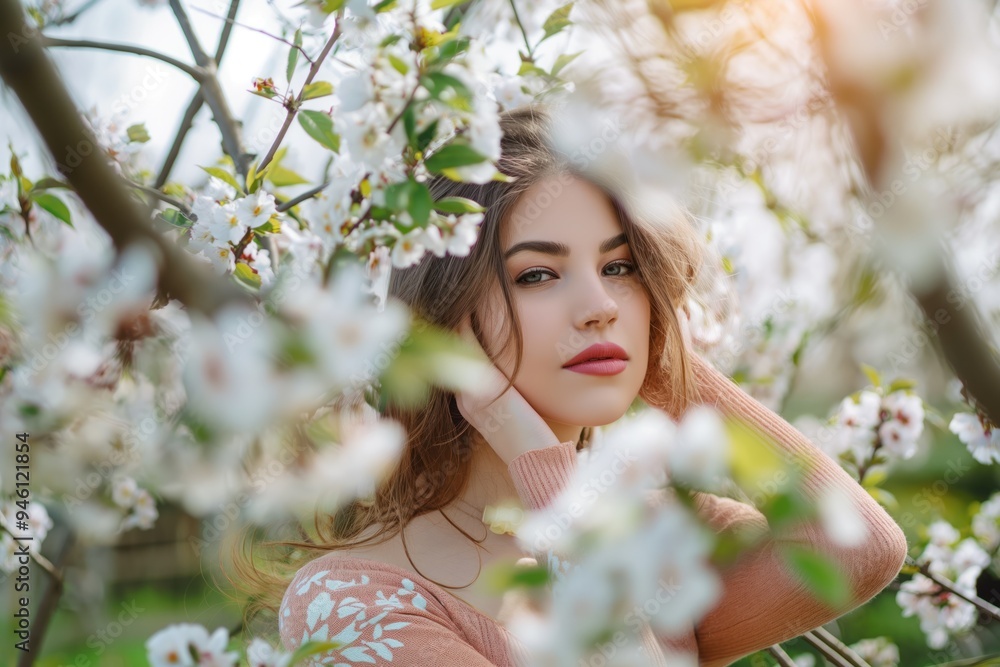 Young woman poses in a blooming garden surrounded by vibrant flowers. Soft focus on her face highlights elegant features. Fashionable hat adorns her head, adding to her stylish appearance. Young woman poses in a blooming garden surrounded by vibrant flowers. Soft focus on her face highlights elegant features. Fashionable hat adorns her head, adding to her stylish appearance.