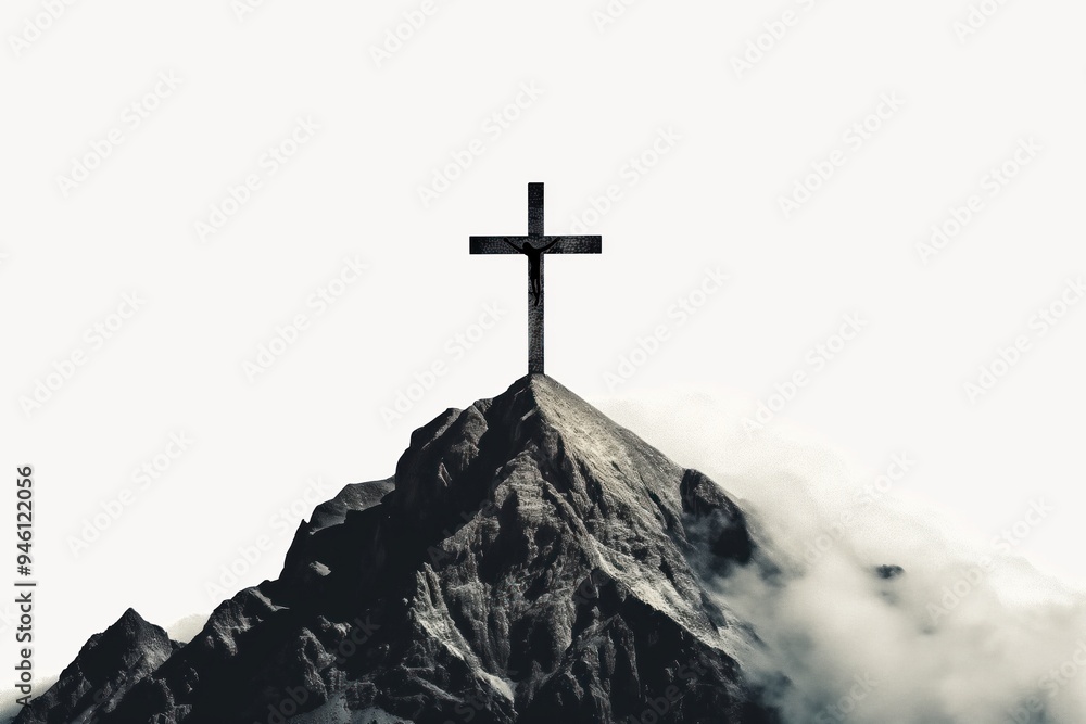 Mountain peak silhouette against white background features large cross of faith, spirituality. Simple yet powerful image conveys message of devotion, prayer. Worshipful scene evokes feelings of Mountain peak silhouette against white background features large cross of faith, spirituality. Simple yet powerful image conveys message of devotion, prayer. Worshipful scene evokes feelings of