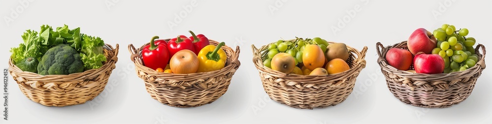 A row of baskets with fruits and vegetables isolated on a white background, 3D rendering. A row of baskets with fruits and vegetables isolated on a white background, 3D rendering.