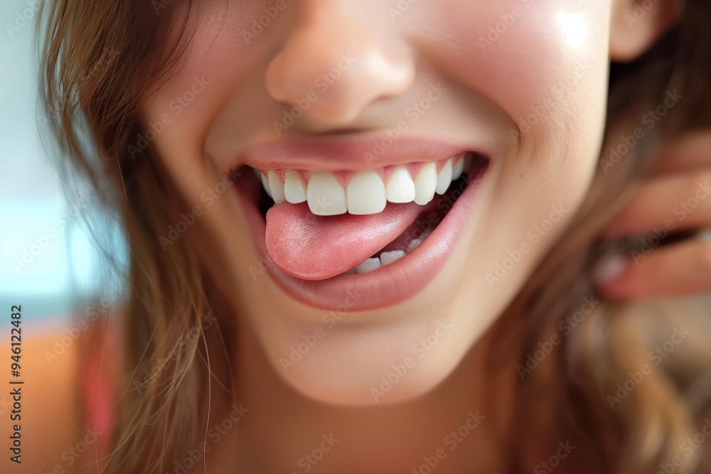 Fototapeta premium Young woman smiling with clean teeth in close-up photo. She licks her lips, showcasing good oral hygiene and dental health. Her skin looks natural and healthy.