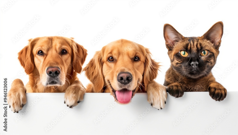 Cute golden retriever, brown cat, and black feline peeking out from a white banner with a copy space area. Cute golden retriever, brown cat, and black feline peeking out from a white banner with a copy space area.