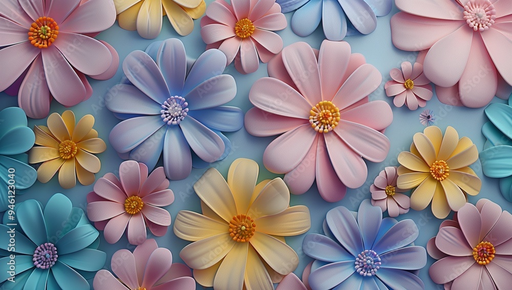 3D render of a colorful daisy background, with white, yellow, blue, pink 3D render of a colorful daisy background, with white, yellow, blue, pink