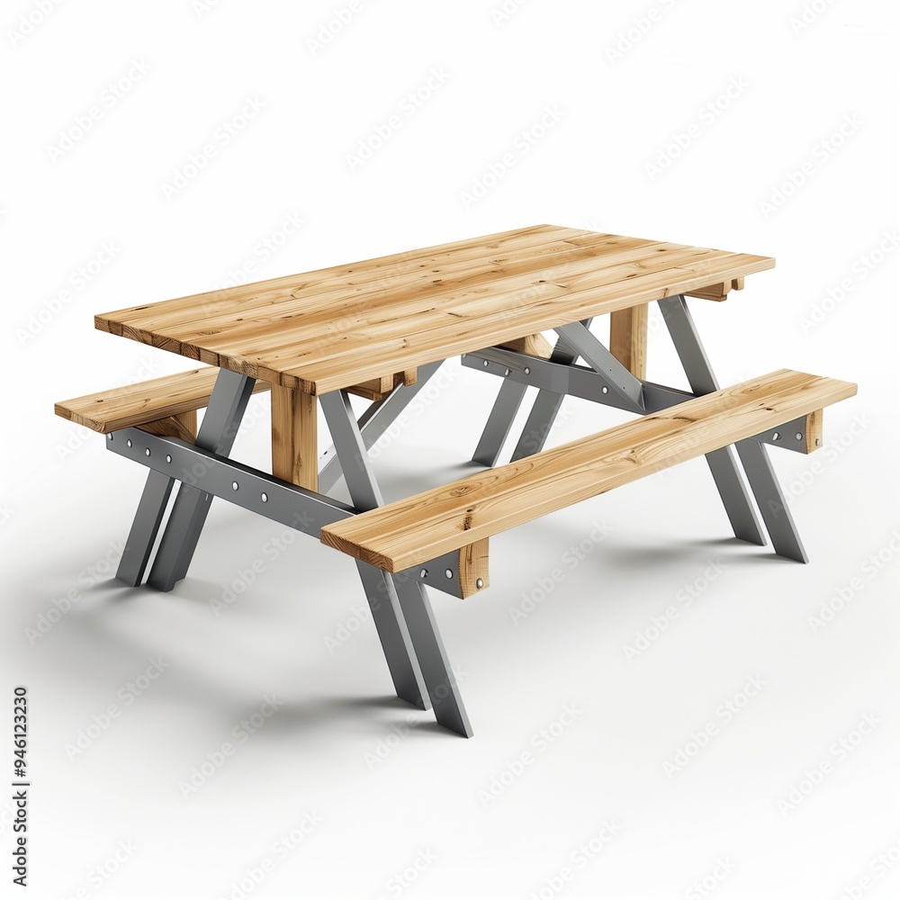A wooden picnic table with gray metal legs, white background, 3D rendering style, high resolution A wooden picnic table with gray metal legs, white background, 3D rendering style, high resolution