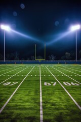 Football field illuminated under bright lights at night. Green grass stadium with white lines. Goalposts stand tall in center. Fans, spectators gather around pitch. Champion team prepares for big