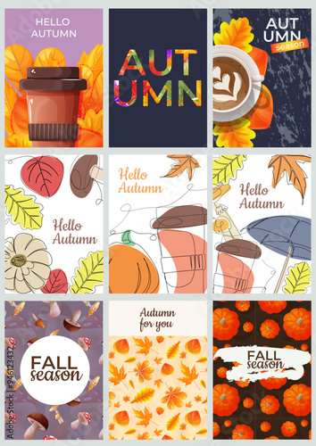 Large set of different autumn postcards. Postcard design in minimalist line art style. Postcard with pattern on background. dmzain postcards with hot coffee and autumn leaves