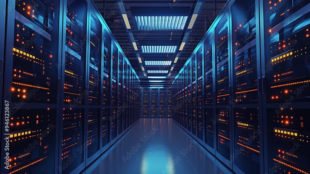 Data center full of rack servers, supercomputers, and AI technology. Modern telecommunications infrastructure supports deep learning, cloud computing, and network storage. Data center full of rack servers, supercomputers, and AI technology. Modern telecommunications infrastructure supports deep learning, cloud computing, and network storage.