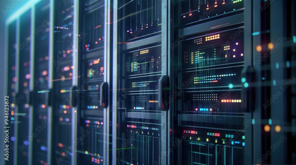High-tech server room with rows of computer servers in a data center. Modern technology infrastructure includes network equipment and hardware systems. High-tech server room with rows of computer servers in a data center. Modern technology infrastructure includes network equipment and hardware systems.