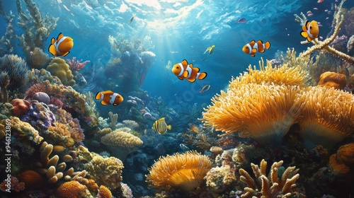 Vibrant Underwater Paradise: Anemone and Clownfish photo