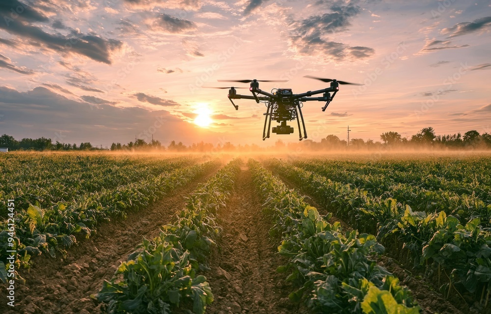 Farm drone flying spray modern technologies in agriculture. Drone sprays pesticides over green fields to increase productivity and control invasive insects. Farm drone flying spray modern technologies in agriculture. Drone sprays pesticides over green fields to increase productivity and control invasive insects.