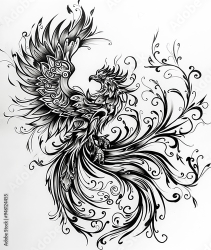 Black and white illustration of a majestic phoenix, mythical creature from fantasy world. Stunning graphic design for tattoo idea, isolated on white background.