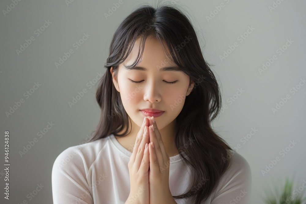 Young Asian woman sits in calm pose with folded hands in prayer. Eyes closed, face relaxed, showing gratitude and faith. Religious concept of forgiveness and trust in God. Young Asian woman sits in calm pose with folded hands in prayer. Eyes closed, face relaxed, showing gratitude and faith. Religious concept of forgiveness and trust in God.