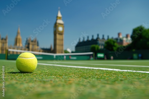Green grass tennis court in London with a tennis ball on the ground. Big Ben landmark stands tall in background. Iconic London cityscape visible behind grand slam tournament.