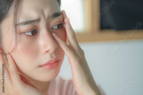 Young Asian woman experiencing insomnia, sleep deprivation, dark circles under her eyes, panda eyes, puffy face, wrinkles. Tired, exhausted expression on her face.