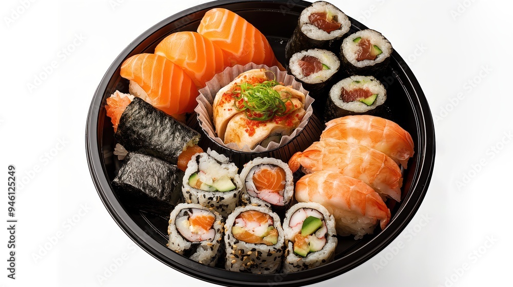 Round sushi box with assorted fresh sushi in a black bowl, isolated on white. Various types of Japanese cuisine, including salmon, wasabi, tuna, and seafood. Healthy take away food for lunch or snack. Round sushi box with assorted fresh sushi in a black bowl, isolated on white. Various types of Japanese cuisine, including salmon, wasabi, tuna, and seafood. Healthy take away food for lunch or snack.