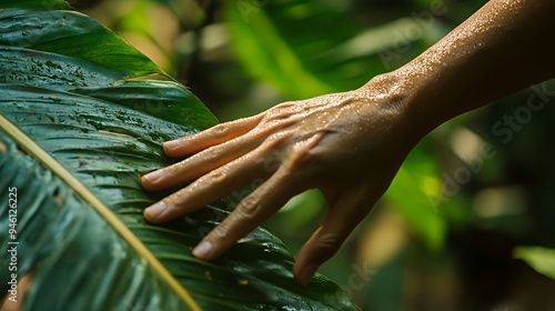 A hand gently touches a large, wet green leaf in a lush, tropical environment.