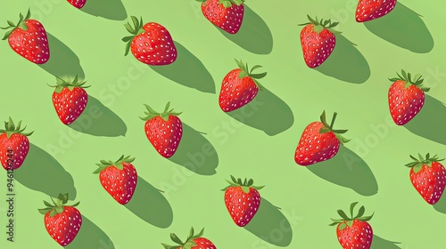 Vibrant Strawberries on Green Background with Shadows