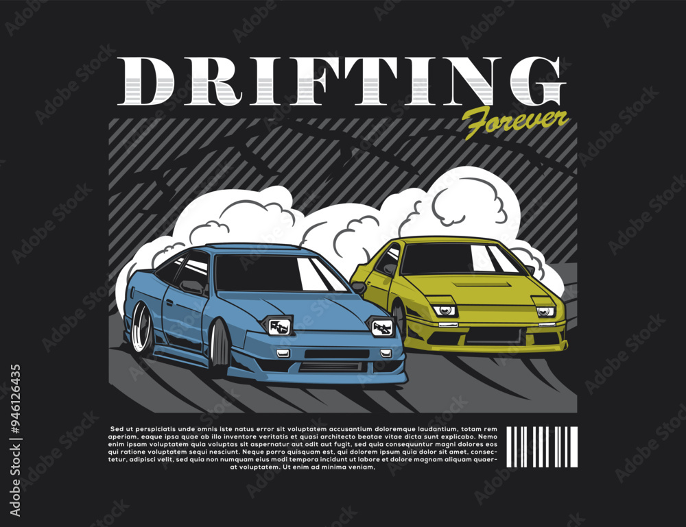 Fototapeta premium Drifting 90s Car Illustration Graphic Vector Design For Tees