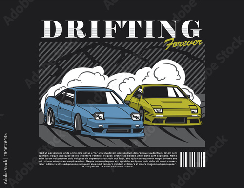 Drifting 90s Car Illustration Graphic Vector Design For Tees