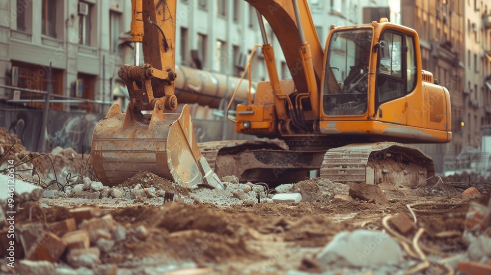 A yellow excavator at a construction site with rubble, damaged buildings, and a fenced area symbolizes urban transformation involving both construction and destruction. A yellow excavator at a construction site with rubble, damaged buildings, and a fenced area symbolizes urban transformation involving both construction and destruction.