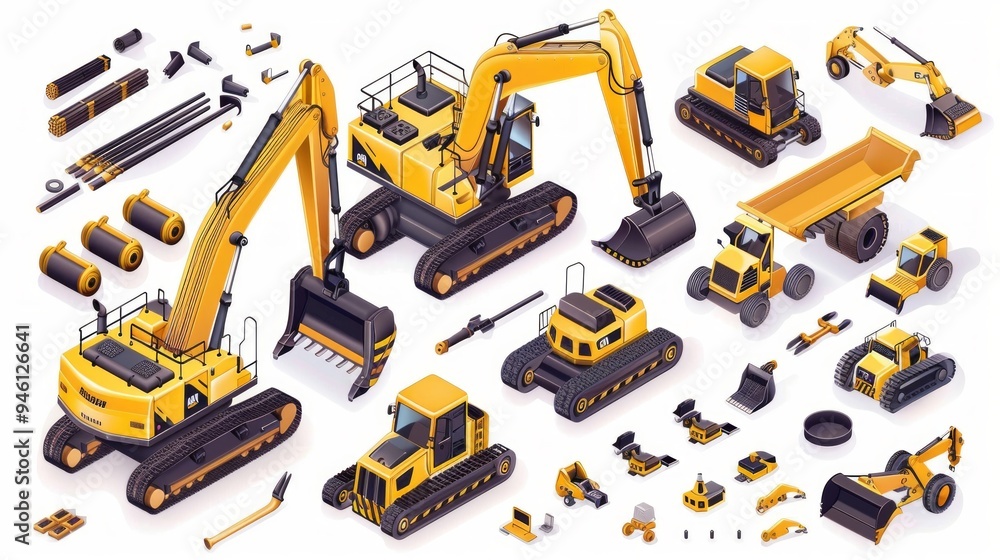 A collection of 15 yellow construction vehicles and equipment neatly arranged on a white background showcases different types of excavators, cranes and tractors A collection of 15 yellow construction vehicles and equipment neatly arranged on a white background showcases different types of excavators, cranes and tractors