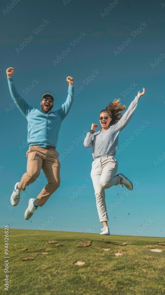 Young man & woman joyfully jump in grassy area under a blue sky. Smiling with arms raised, they exude happiness & celebrate in casual attire & sunglasses. Young man & woman joyfully jump in grassy area under a blue sky. Smiling with arms raised, they exude happiness & celebrate in casual attire & sunglasses.