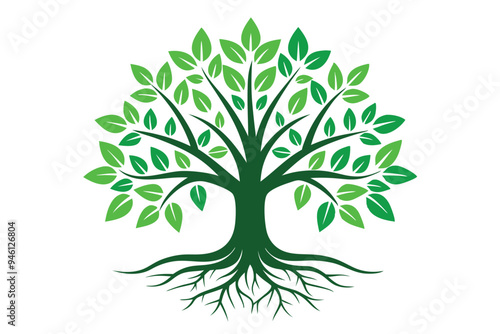 Tree with Leaves and Roots Logo Icon Vector Illustration - Cartoon Clipart and Line Art Design