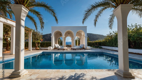 A large pool with a white wall and a blue sky in the background. The pool is surrounded by white lounge chairs