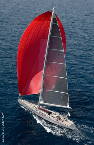 Sailing on a superyacht at the Mediterranean Sea. Palma Cup. Palma the Mallorca Spain. Sailing. Summer. Full sail. Helicopter view. Aerial. photo