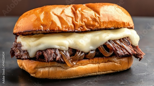 Juicy beef brisket sandwich with melted cheese and caramelized onions, rich and indulgent photo